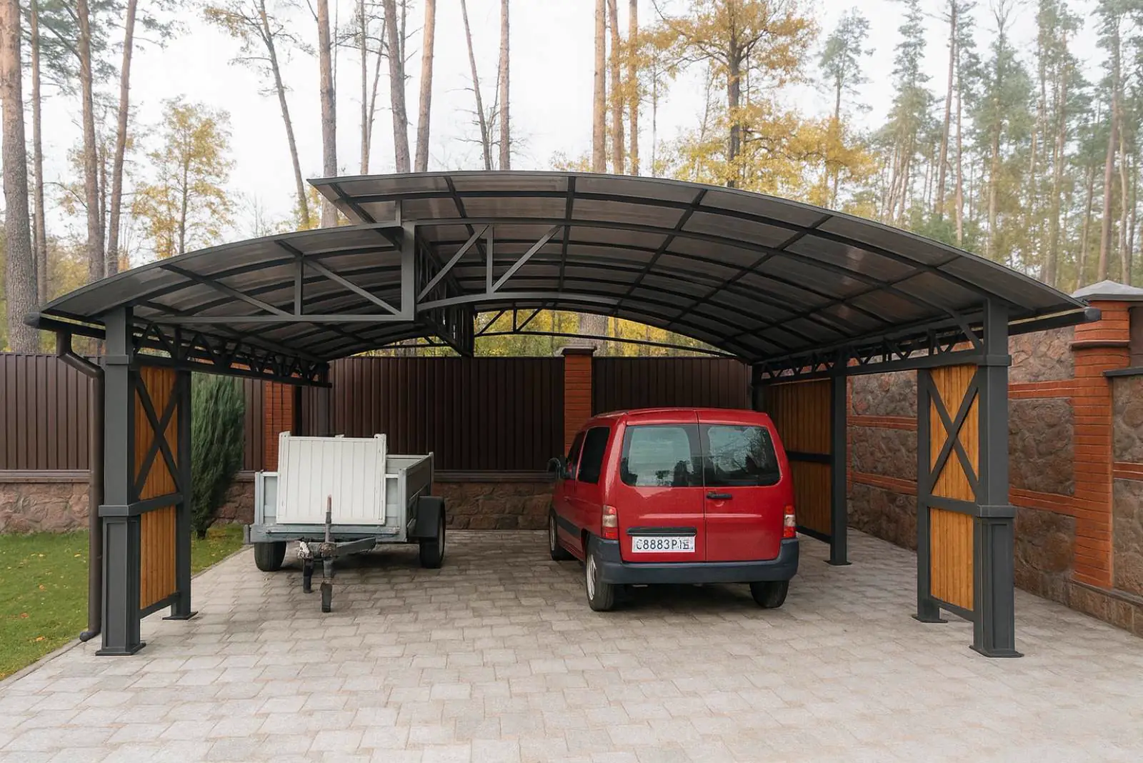 Vizualizace obloukového přístřešku na auto a přívěsný vozík s dřevěnými bočními stěnami