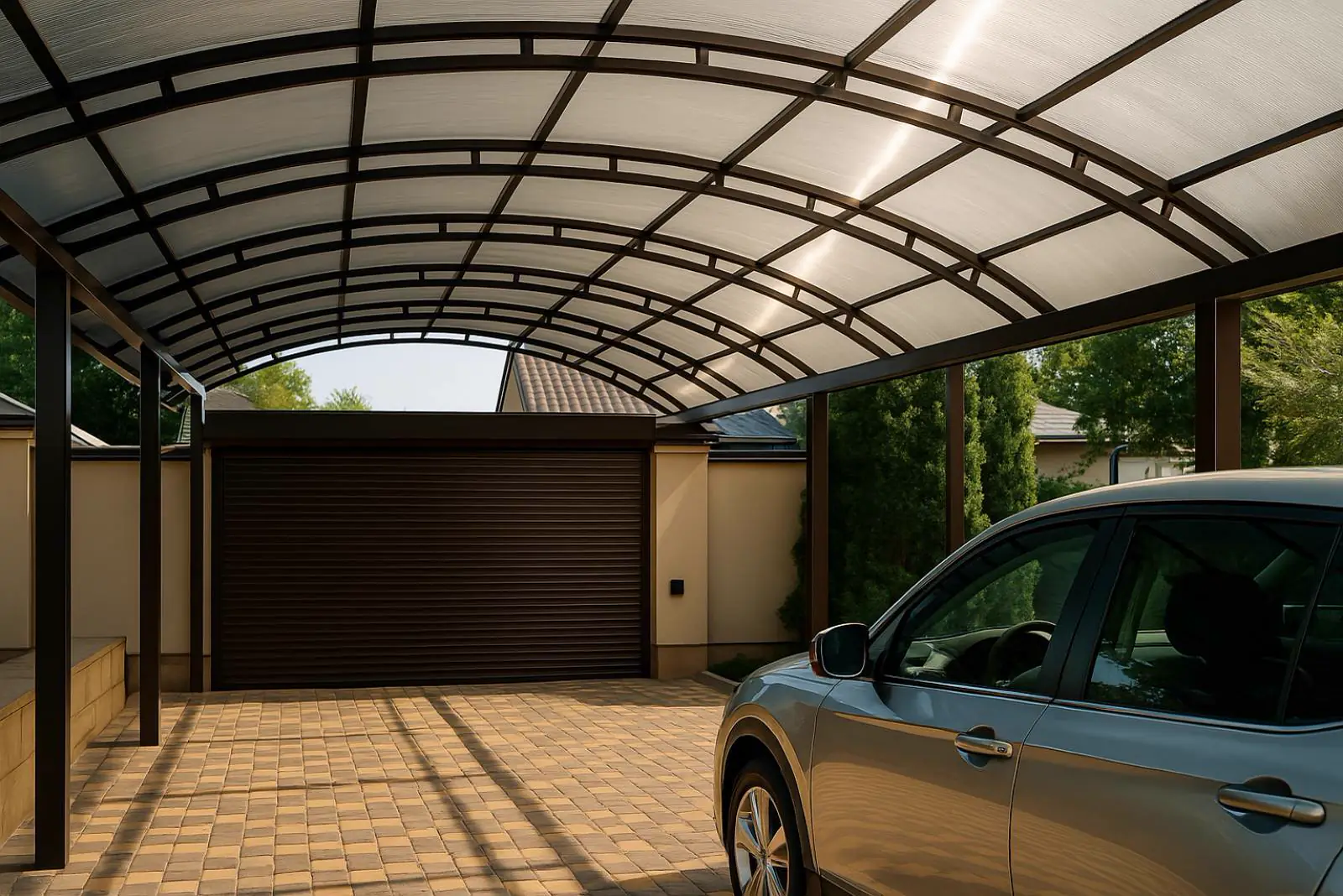 Vizualizace obloukového přístřešku na auto před garáží
