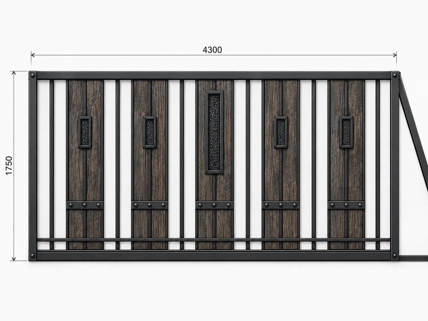 Vizualizace návrhu posuvné brány z černé oceli s tmavými dřevěnými prkny a tepanými výplněmi, šířka 4300 mm