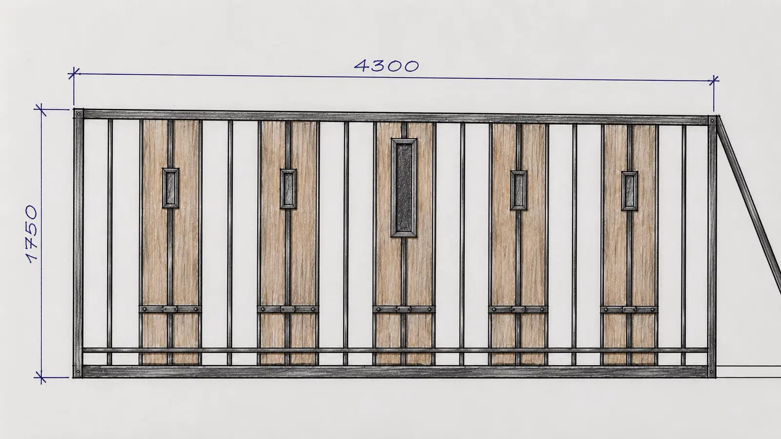 Návrh posuvné brány v kresleném stylu s ocelovými tyčemi, světlými dřevěnými prkny a kótami 4300 × 1750 mm