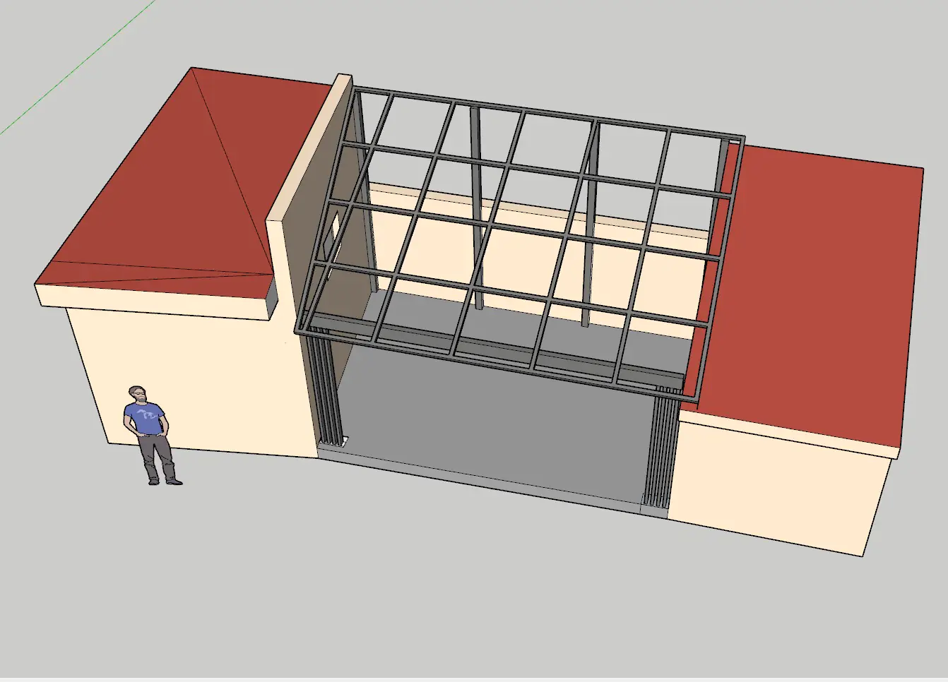Vizualizace 3D modelu přístřešku s mřížovou ocelovou střechou mezi dvěma budovami s červenými střechami