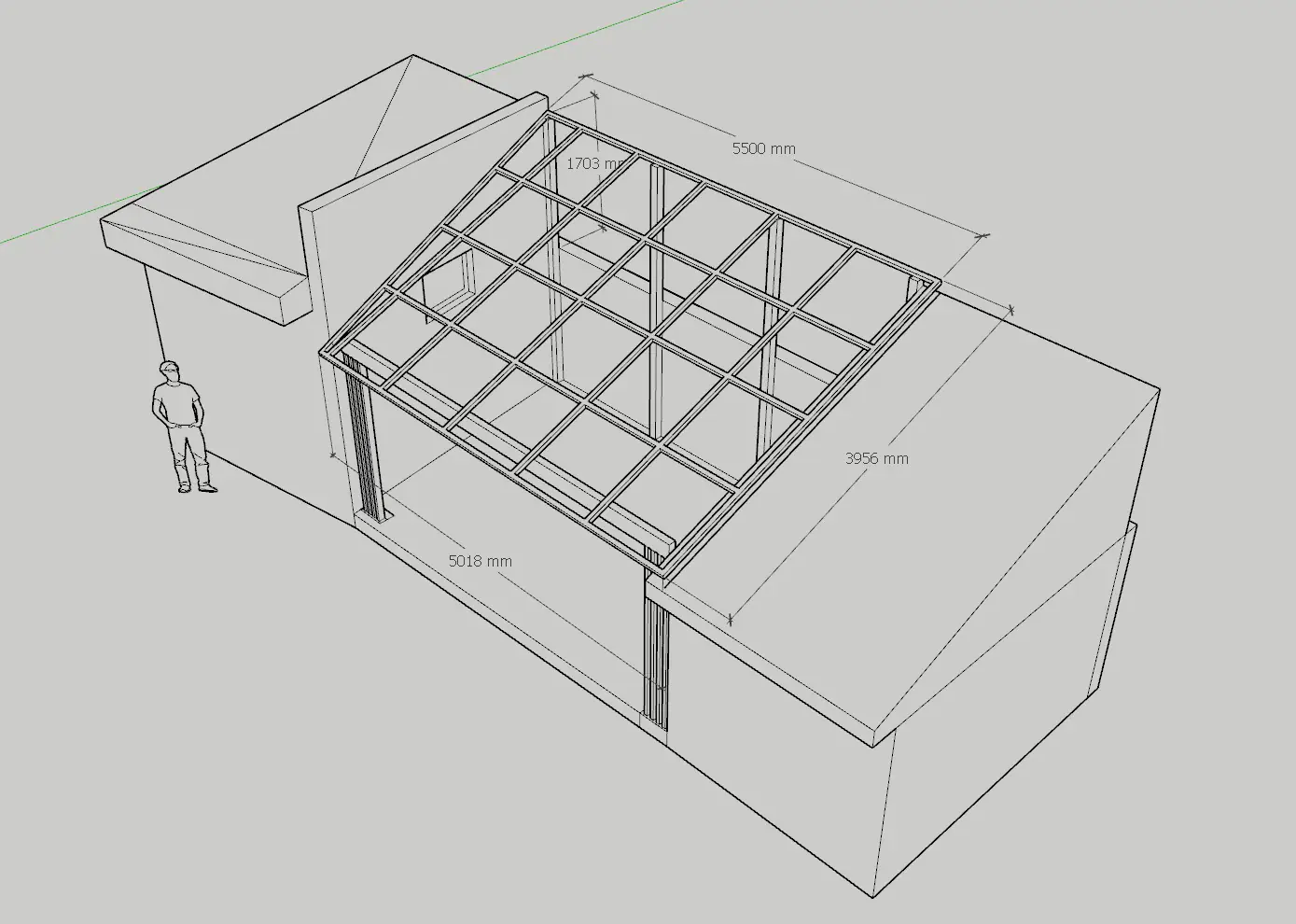 Vizualizace 3D modelu ocelového přístřešku mezi dvěma budovami v liniovém zobrazení s kótami a postavou pro měřítko